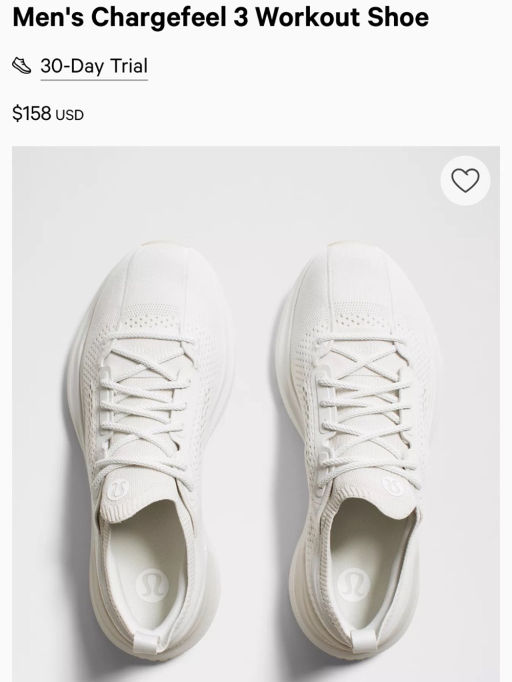 lululemon athletica Men's Chargefeel 3 Workout Shoe — White 9.5- 10